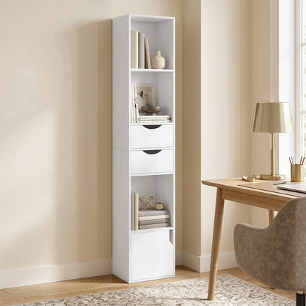 White Narrow Bookshelf with 2 Drawers and Adjustable Shelves