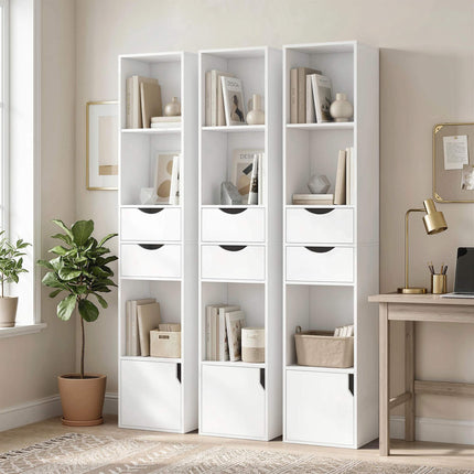 White Narrow Bookshelf with 2 Drawers and Adjustable Shelves
