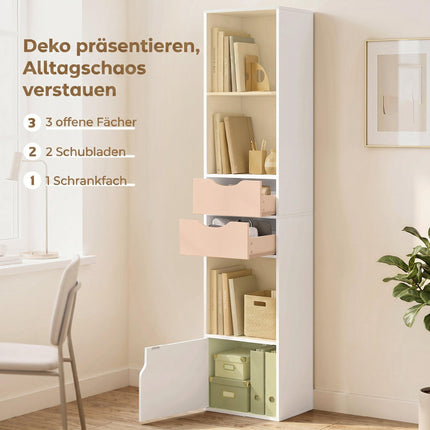 White Narrow Bookshelf with 2 Drawers and Adjustable Shelves