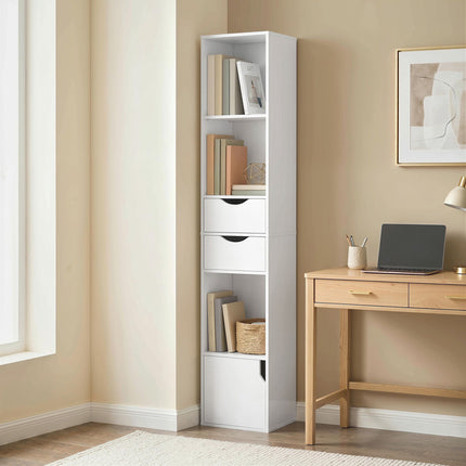 White Narrow Bookshelf with 2 Drawers and Adjustable Shelves