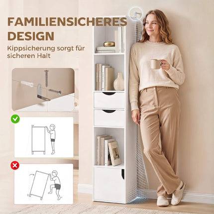 White Narrow Bookshelf with 2 Drawers and Adjustable Shelves