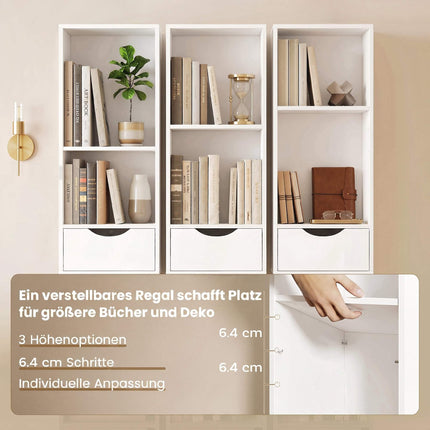 White Narrow Bookshelf with 2 Drawers and Adjustable Shelves