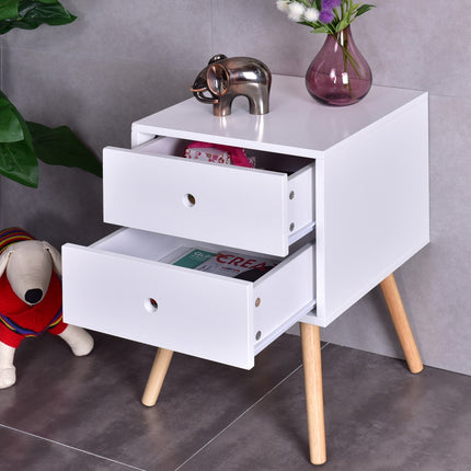 White Nightstand With 2 Drawers, Oak Legs