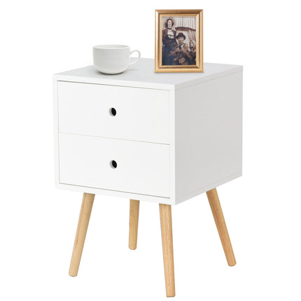 White Nightstand With 2 Drawers, Oak Legs