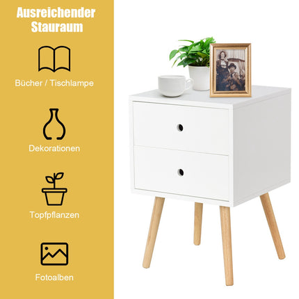 White Nightstand With 2 Drawers, Oak Legs