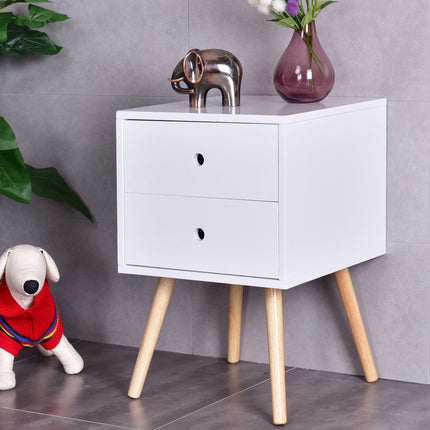 White Nightstand With 2 Drawers, Oak Legs