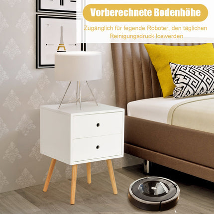 White Nightstand With 2 Drawers, Oak Legs