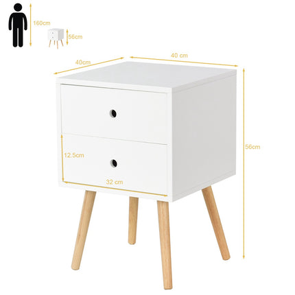 White Nightstand With 2 Drawers, Oak Legs