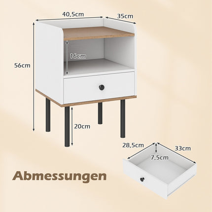 Weißer Nachttisch mit Schublade und offenem Fach, Metallbeine