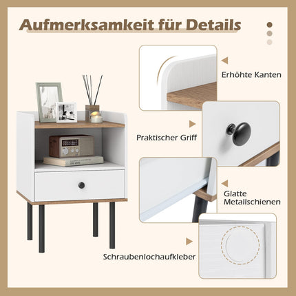 Weißer Nachttisch mit Schublade und offenem Fach, Metallbeine