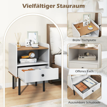 Weißer Nachttisch mit Schublade und offenem Fach, Metallbeine