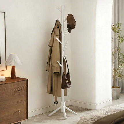 White Pine Coat Stand with 8 Hooks, Adjustable Height