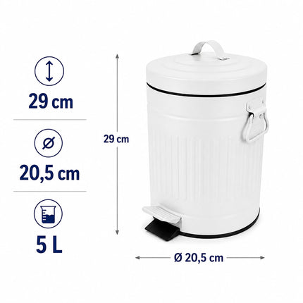 White Retro Bathroom Pedal Bin, 5 Litre Capacity