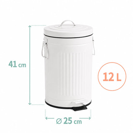 White Retro Pedal Bin, 12L Capacity, Soft-Close Lid