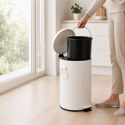 White Retro Pedal Bin, 12L Capacity, Soft-Close Lid