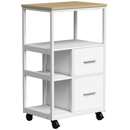White Rolling Kitchen Cart with 2 Drawers and Open Shelf