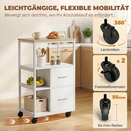 White Rolling Kitchen Cart with 2 Drawers and Open Shelf