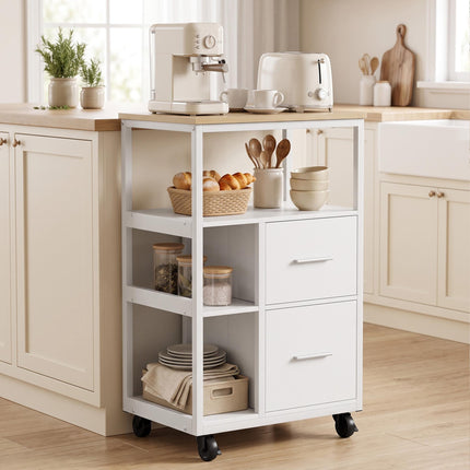 White Rolling Kitchen Cart with 2 Drawers and Open Shelf