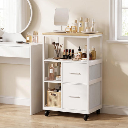 White Rolling Kitchen Cart with 2 Drawers and Open Shelf
