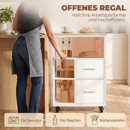 White Rolling Kitchen Cart with 2 Drawers and Open Shelf