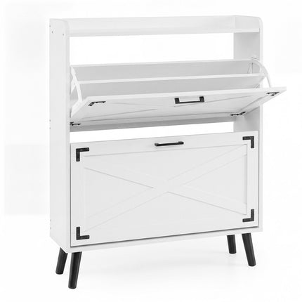 White Shoe Cabinet, 2 Drop-Down Drawers, 80x24x103 cm