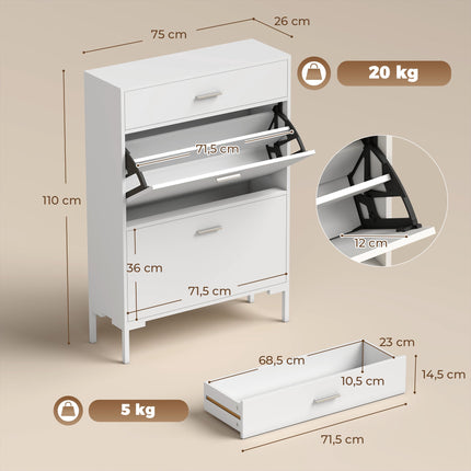 White Shoe Cabinet for 12 Pairs with Adjustable Shelves