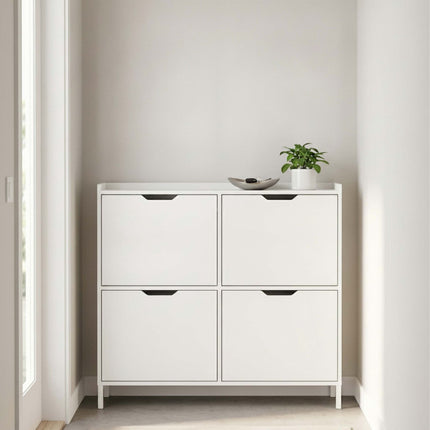 White Slim Shoe Cabinet with 4 Compartments, Space-Saving
