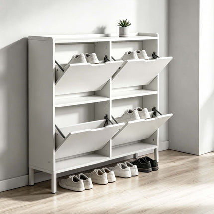 White Slim Shoe Cabinet with 4 Compartments, Space-Saving
