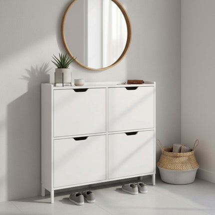 White Slim Shoe Cabinet with 4 Compartments, Space-Saving