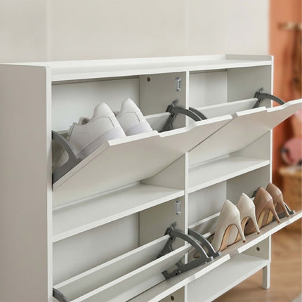 White Slim Shoe Cabinet with 4 Compartments, Space-Saving