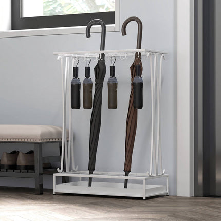 White Steel Umbrella Stand with Drip Tray and 24 Hooks