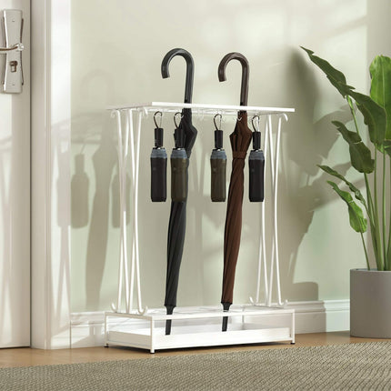 White Steel Umbrella Stand with Drip Tray and 24 Hooks