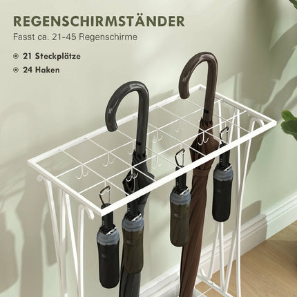 White Steel Umbrella Stand with Drip Tray and 24 Hooks