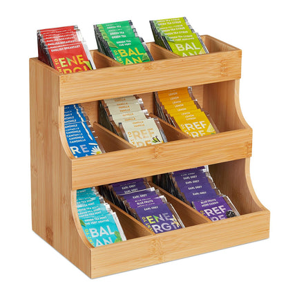 White Tea Bag Organizer, 9-Compartment Bamboo Caddy