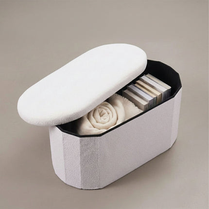 White Teddy Fabric Storage Bench – Upholstered Oval Seat