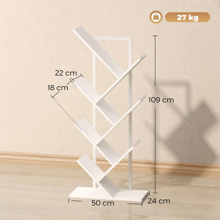 White Tree-Shaped Bookshelf, 7-Tier Narrow Design