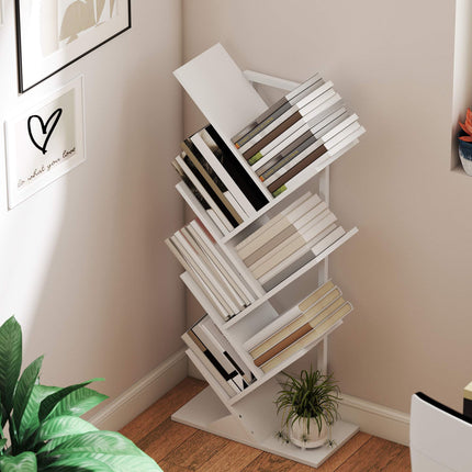 White Tree-Shaped Bookshelf, 7-Tier Narrow Design