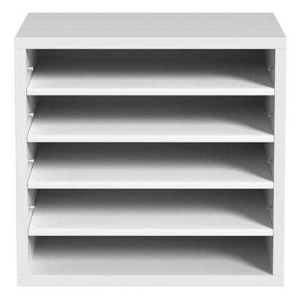 White Wood Literature Organizer, 5 Compartments, Adjustable Shelves