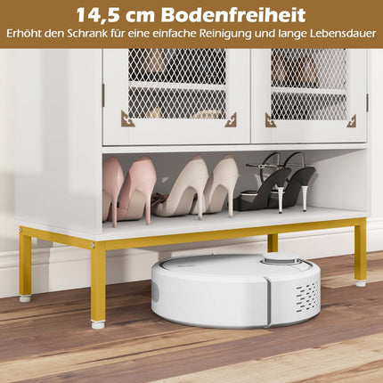 Weißer Holzschuhschrank mit verstellbaren Einlegeböden und Netztüren