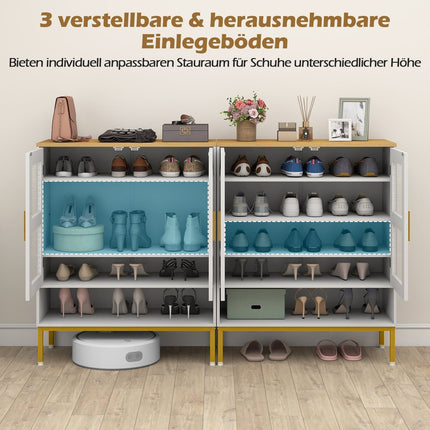 Weißer Holzschuhschrank mit verstellbaren Einlegeböden und Netztüren