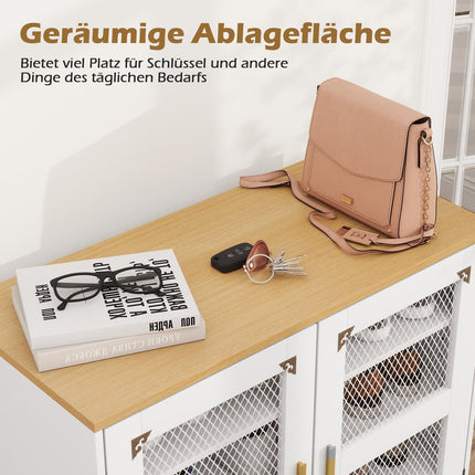 Weißer Holzschuhschrank mit verstellbaren Einlegeböden und Netztüren