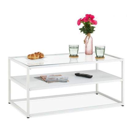 Table basse blanche avec plateau en verre