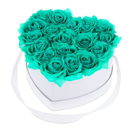 Weiße herzförmige Rosenbox mit 18 Rosen