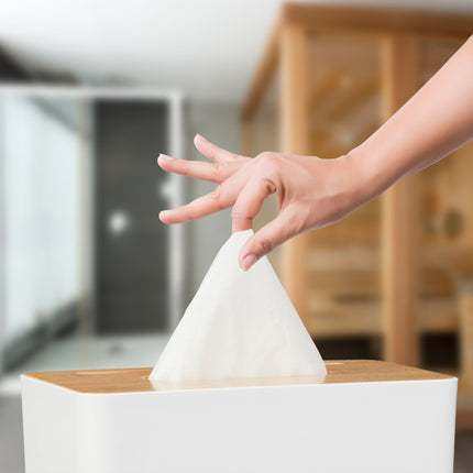White tissue box with bamboo lid