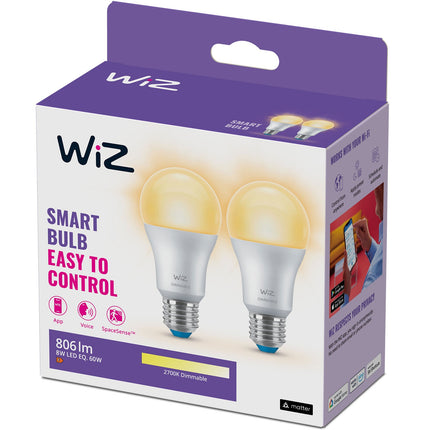 Ampoule LED connectée WiFi E27, 60 W, 806 lm, intensité variable, blanc chaud, lot de 2