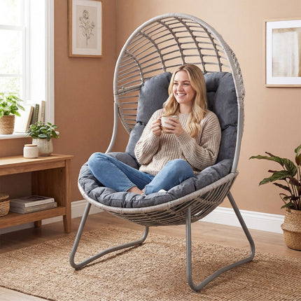 Wicker Egg Chair With Removable Cushions, Metal Frame