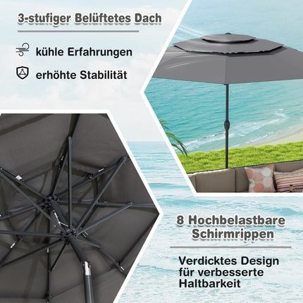 Windfester Terrassenschirm, 300 cm, Kurbelneiger, Grau