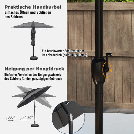 Windfester Terrassenschirm, 300 cm, Kurbelneiger, Grau