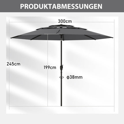 Windfester Terrassenschirm, 300 cm, Kurbelneiger, Grau