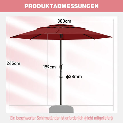 Windfester Ampelschirm, 300 cm, mit Knickfunktion und Kurbel, Rot